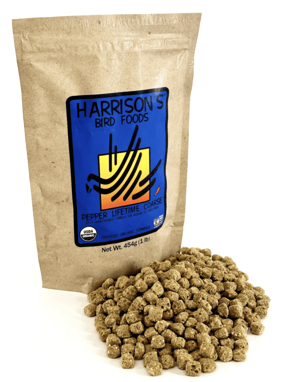 A bag of Harrisons Pepper Lifetime Coarse - 1 lb dog treats on a white background.